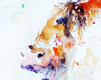 Cow watercolour art print, colourful animal art.