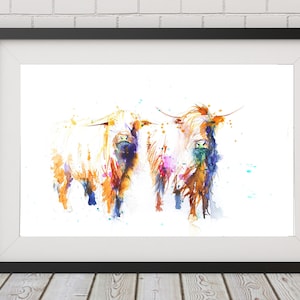 Cow watercolour art print, colourful animal art.