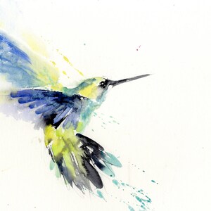 May include: Watercolour painting of a hummingbird in flight. The bird is painted in shades of blue, green, and yellow, with splashes of teal paint around it.