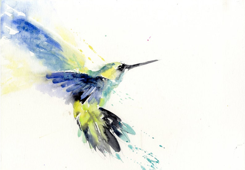 May include: Watercolour painting of a hummingbird in flight. The bird is painted in shades of blue, green, and yellow, with splashes of teal paint around it.