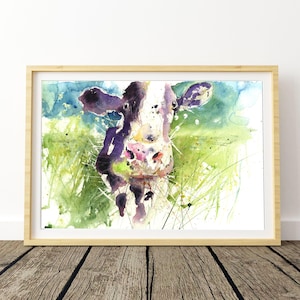 Cow watercolour art print, colourful animal art.