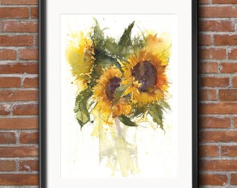 Sunflower, limited edition,  sunflowers watercolour art  illustration wall art home office decor hand signed floral painting print gift idea