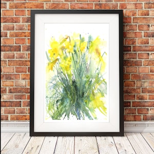 Jolie impression d&#39;art floral représentant une aquarelle de jonquilles.  Illustration de fleur jaune, art mural, décoration de bureau à domicile, signé à la main