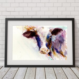 Cow watercolour art print, colourful animal art.