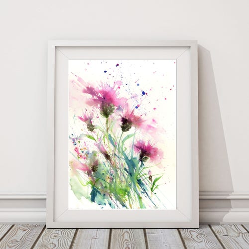 Impression aquarelle de centaurées : illustration florale de fleurs sauvages, édition limitée signée