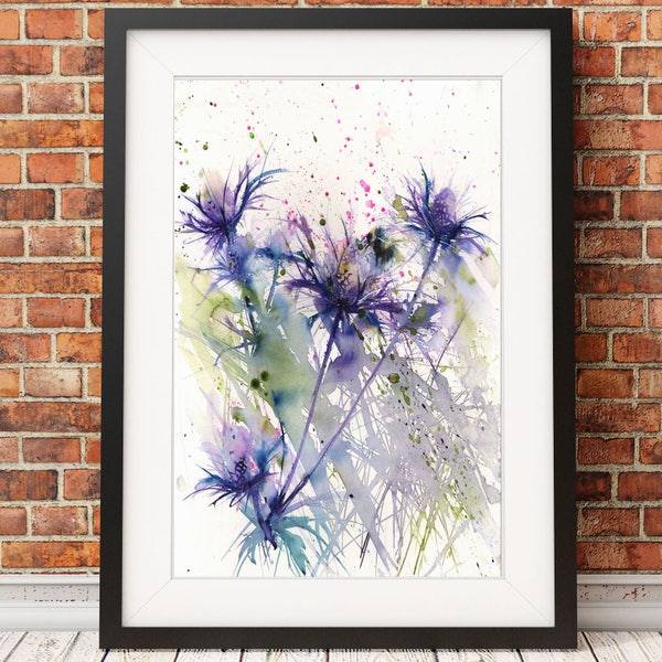 Contemporary art print of my BEE on sea holly/eryngium flower blue thistle insect illustration wall art home office decor hand signed