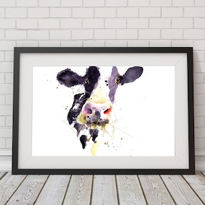 Cow watercolour art print, colourful animal art.