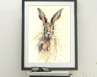 Johnny the hare watercolour print. Beautiful animal art from an original watercolour painting.