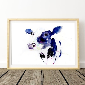 Cow watercolour art print, colourful animal art.