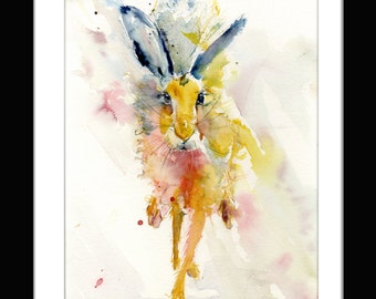 Running hare watercolour print. Beautiful animal wildlife art