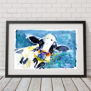 Cow watercolour art print, colourful animal art.
