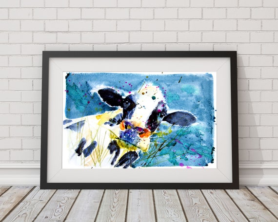 Cow watercolour art print, colourful animal art.