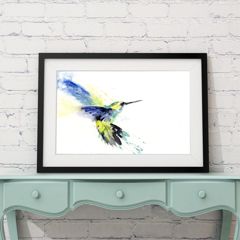 Colourful hummingbird print, watercolour painting,, nursery art, wildlife animal art. hand signed, illustration, animal art image 1