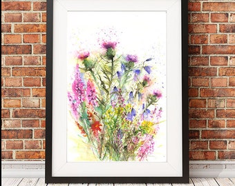 Pretty floral art print of British wildflowers watercolour painting.  Pink flower illustration wall art home office decor hand signed