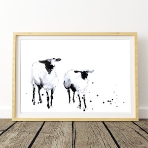 Impressão de ovelha em edição limitada: arte animal em aquarela com rosto preto