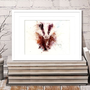 Impressão de edição LIMITADA de aquarela original com animais selvagens. Decoração de berçário e escritório, arte BADGER, ref. 2498. Assinatura à mão.