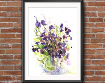 Pretty floral art print of my sweetpeas watercolour painting.  Purple flower illustration wall art home office decor hand signed