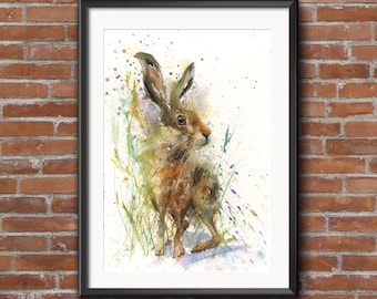 Simon der Hase Aquarell Tierwelt Kunstdruck. Schöne Tierkunst.