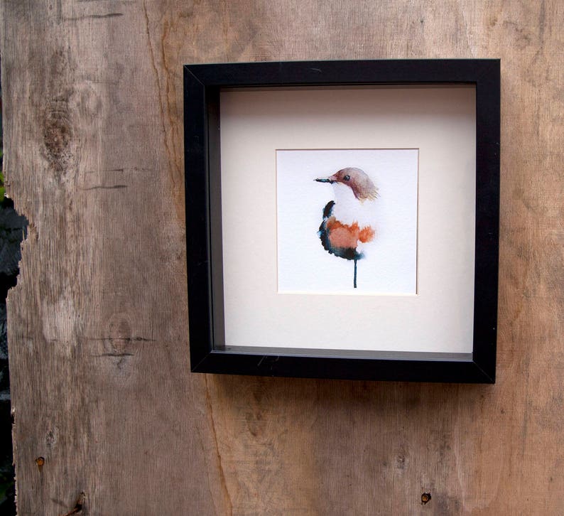 May include: A watercolour painting of a bird in a black frame. The bird is brown, white, and blue, and is perched on a branch. The painting is on a white background.
