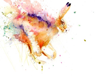 Aquarel print haas | Dierenkunst rennende haas