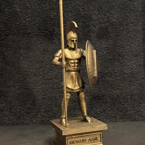 Spartan Warrior Statue with Corinthian Helmet, Spear and Shield, Muscle Cuirass - Ancient Greek Hoplite - Bronze Painted Figure - Pose #1