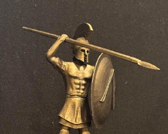古代ギリシャの戦士の彫刻 古代スパルタギリシャ戦士のブロンズ像（兜、盾、槍で武装）、古代