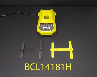 3D printed Ryobi BCL14181H battery charger wall mount bracket, workshop space saving tool organizer