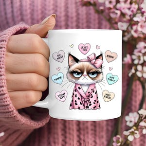 Funny Grumpy Cat Anti-Valentine Ceramic Coffee Mug | Sarcastic Sassy Kitty Gift for Cat Lovers | Pink Robe & Candy Hearts Novelty Tea Cup