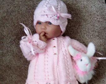 Handmade pink baby sweater  hat booties set Layette PINK heart shaped buttons 0-6M Ready to Ship