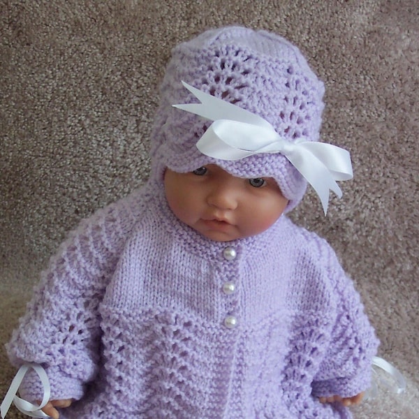Lavender baby sweater girls or Reborn Dolls pretty Lavender Scalloped edge Sweater hat booties set Layette 0 -6M Ready To Ship