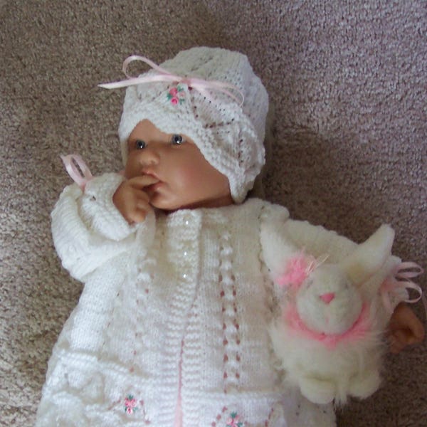 Handmade White baby Sweater hat booties set Layette made in Beautiful intricate lace stitch Pearl buttons 0-12M READY TO SHIP