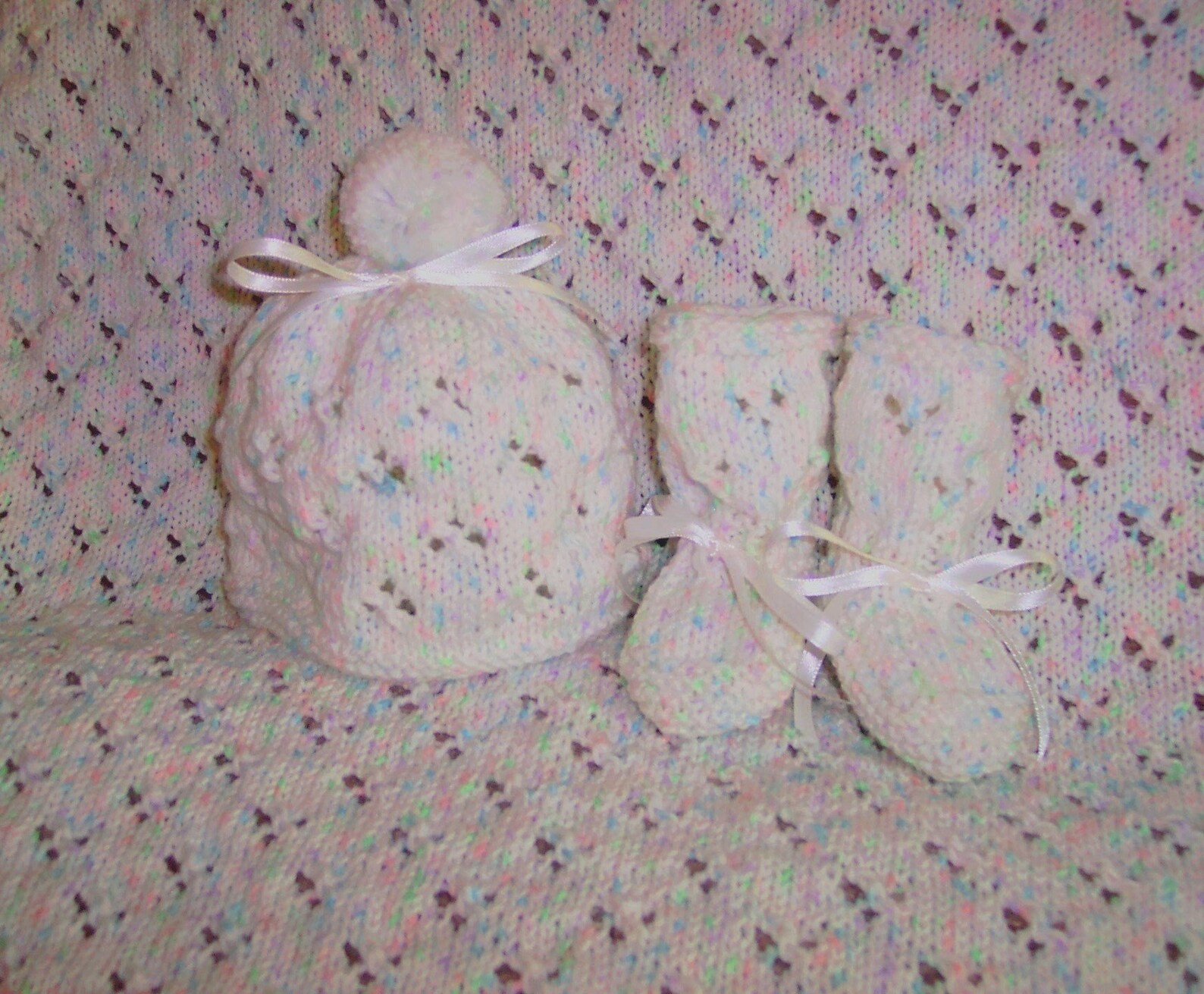 Handmade White knit baby blanket hat booties layette set Etsy