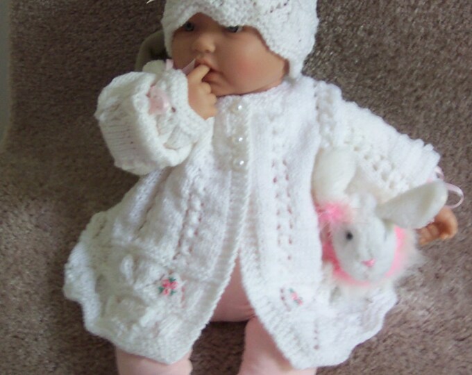 White Baby Sweater Hat Booties Set Layette Made in Beautiful Intricate ...