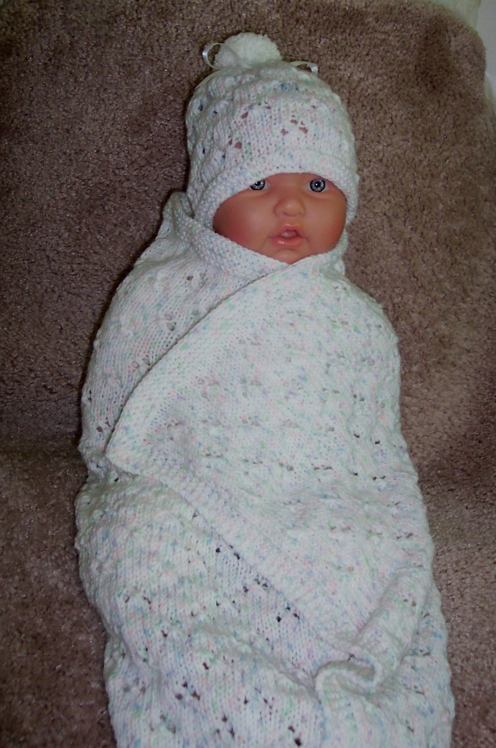 Handmade White knit baby blanket hat booties layette set Etsy
