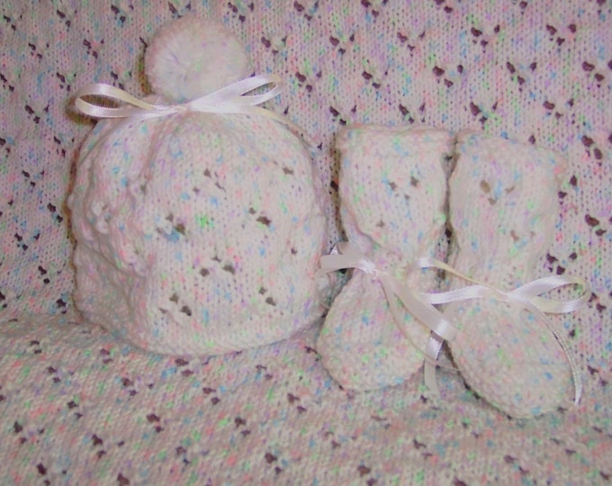 Handmade White Knit Baby Blanket Hat Booties Layette Set Etsy