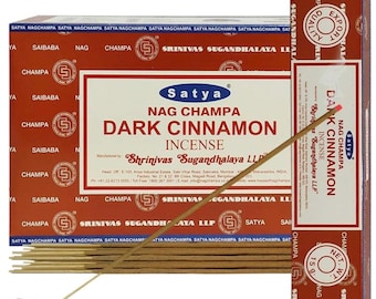 Satya Nag Champa Dark Cinnamon 180 gramów. 12 pudełek x 15 g na pudełko. Premium ręcznie zwijane kadzidełka.