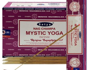 Satya Nag Champa Mystic Yoga 180 gramów. 12 pudełek x 15 g na pudełko. Premium ręcznie zwijane kadzidełka.