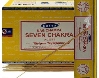 Satya Nag Champa Seven Chakra 180 gramów. 12 pudełek x 15 g na pudełko. Premium ręcznie zwijane kadzidełka.