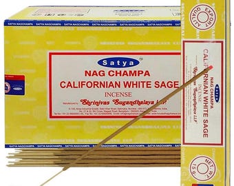Satya Nag Champa California White Sage 180 gramów. 12 pudełek x 15 g na pudełko. Premium Handrolled Incense sticks.