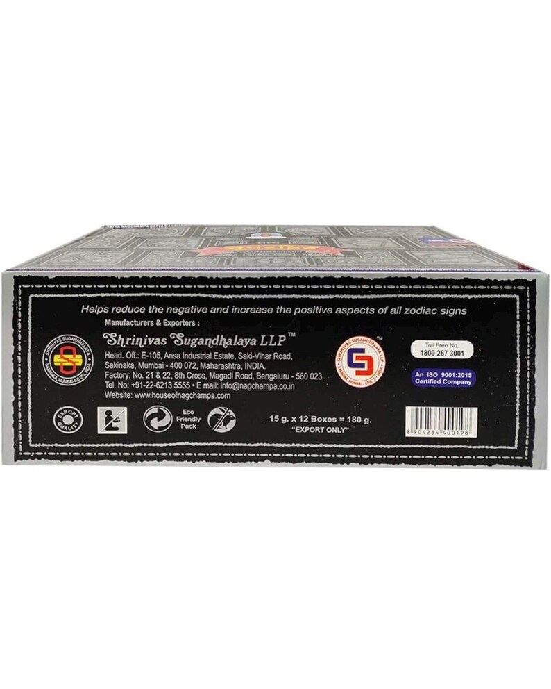 K&ouml;nnte beinhalten: Schwarze und silberne Schachtel mit R&auml;ucherst&auml;bchen mit dem Text "Shrinivas Sugandhalaya LLP" und "Helps reduce the negative and increase the positive aspects of all zodiac signs". Die Schachtel enth&auml;lt auch den Text "15 g x 12 Boxes = 180 g. "EXPORT ONLY"".