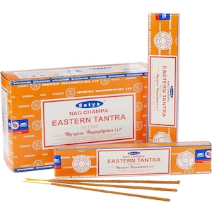 Satya Nag Champa Eastern Tantra 180 grams. 12 boxes x 15 g per box. Premium Handrolled Incense sticks.
