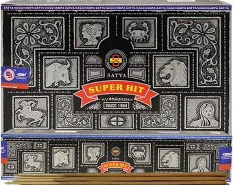Satya Nag Champa Super Hit 180 gramów. 12 pudełek po 15 g każde. Ręcznie robione kadzidełka premium.