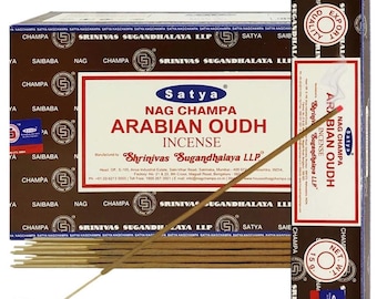 Satya Nag Champa Arabian Oudh 180 gramów. 12 pudełek x 15 g na pudełko. Premium ręcznie zwijane kadzidełka.