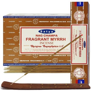 Satya Nag Champa Fragrant Myrrh 180 grams. 12 boxes x 15 g per box. Premium Handrolled Incense sticks.