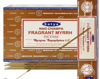 Satya Nag Champa Fragrant Mirrrh 180 gramów. 12 pudełek x 15 g na pudełko. Premium ręcznie zwijane kadzidełka.