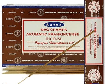 Satya Nag Champa Aromatic Frankincense 180 gramów. 12 pudełek x 15 g na pudełko. Premium Handrolled Incense sticks.