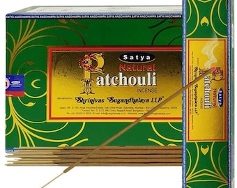 Satya Nag Champa Natural Patchouli 180 gramów. 12 pudełek x 15 g na pudełko. Premium ręcznie zwijane kadzidełka.