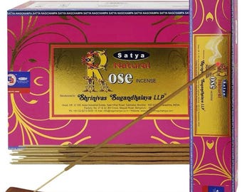 Satya Nag Champa Natural Rose 180 gramów. 12 pudełek x 15 g na pudełko. Premium Handrolled Incense sticks.