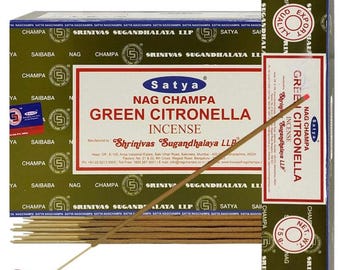 Satya Nag Champa Green Citronella 180 gramów. 12 pudełek x 15 g na pudełko. Premium ręcznie zwijane kadzidełka.