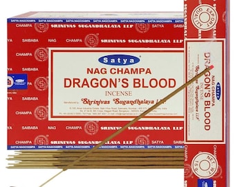 Satya Nag Champa Dragons Blood 180 gramów. 12 pudełek x 15 g na pudełko. Ręcznie robione kadzidełka premium.